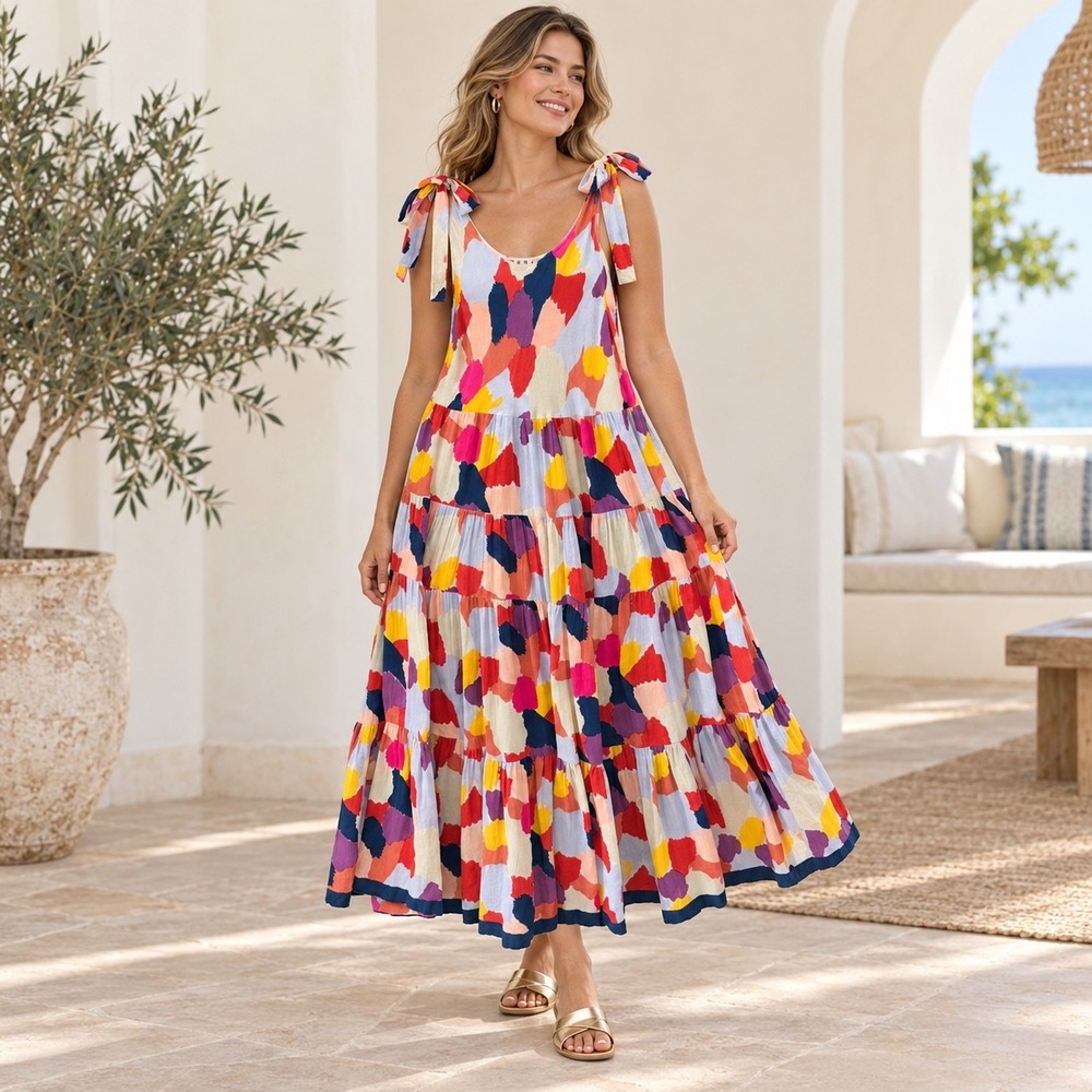THML Abstract Print Tiered Maxi Dress L Boho Festival Multi Color Tie Shoulder